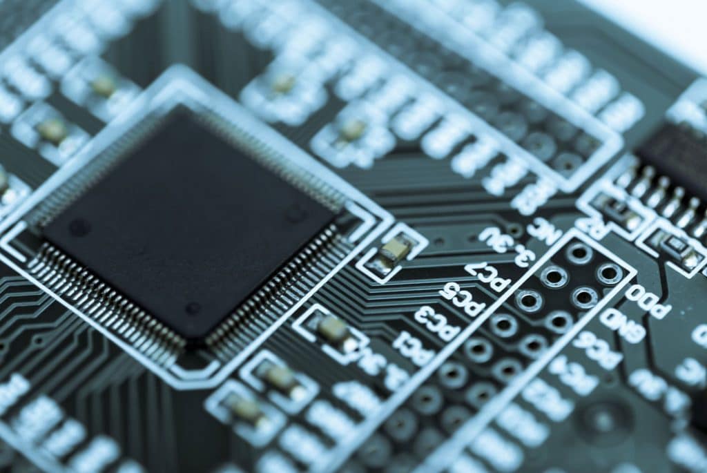 High-Tech-Halbleiter Abstrakter Hintergrund von Nahaufnahmen von Details des elektronischen CPU-Chips.